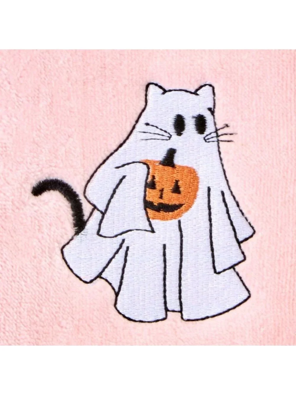 Embroidered Halloween Ghost Cat Hand Towel Set - 100% Cotton, Decorative